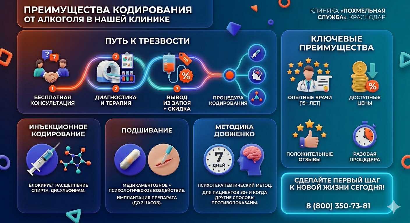 Инфографика о методах кодирования от алкоголя в Звенигороде: инъекции, подшивание, метод Довженко. Преимущества клиники и этапы лечения.